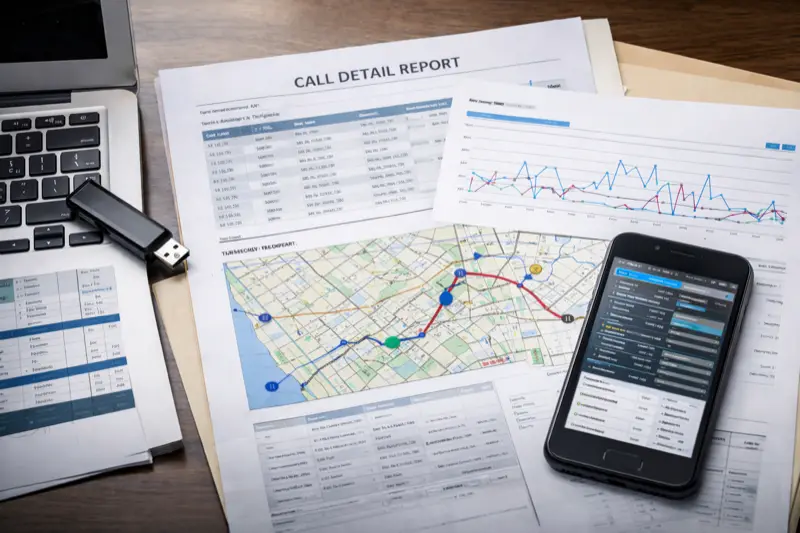 Call detail report, mapped location data, and a phone laid out together for analysis