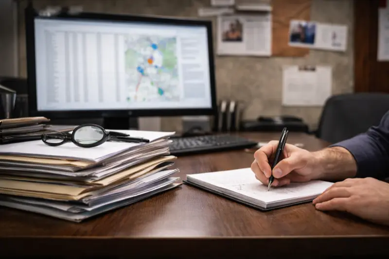 Analyst taking notes beside case files and a mapped data display