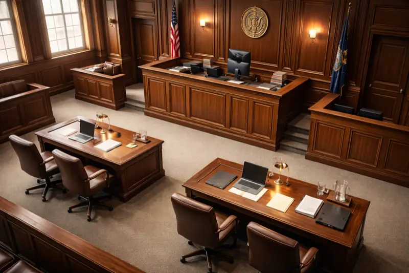 Empty courtroom with counsel tables and the judge's bench