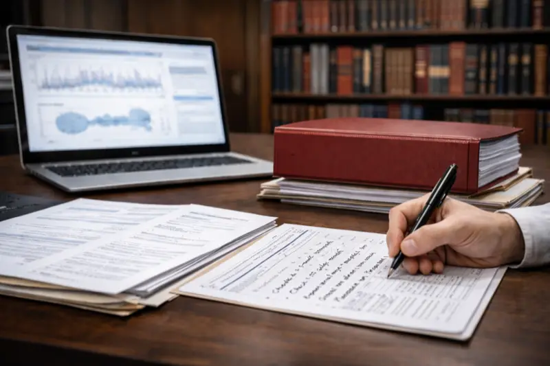 Reviewing a written report alongside data on a laptop